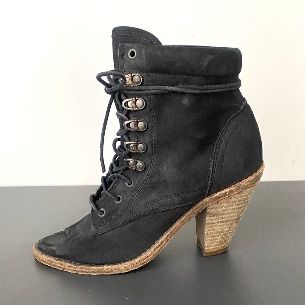 All Saints Women’s Sand Heel Washed Black 38 Lace-Up Boots Peep-Toe Urban Chic